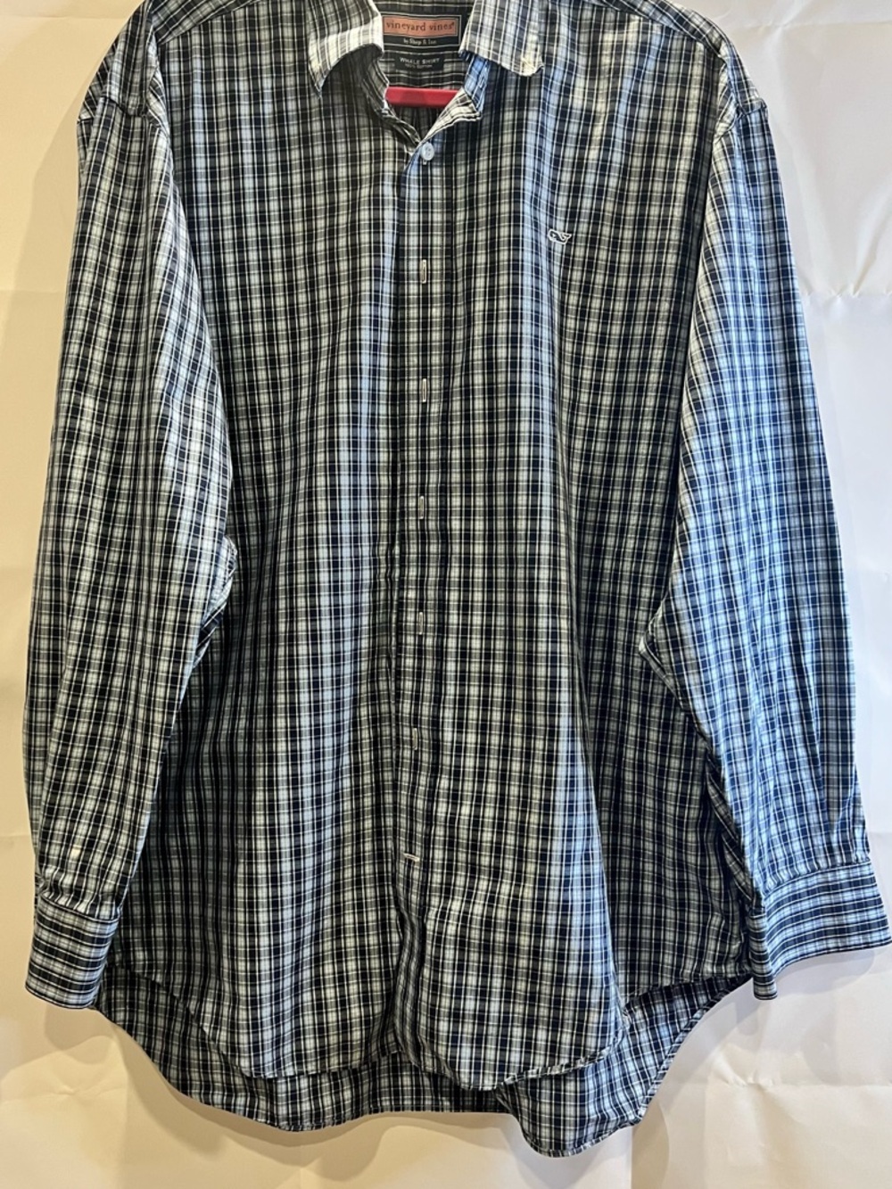 Vineyard Vines Classic Plaid Preppy Whale Navy Blue & White Long Sleeve Shirt L